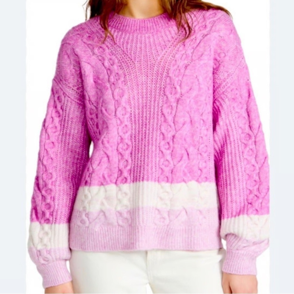 Splendid Samantha Pink White Cable Knit Pullover Sweater Womens Xs